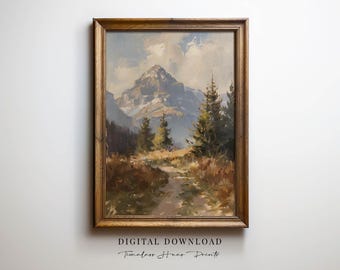 Dipinto ad olio di paesaggio montano / Arte rustica vintage in stile baita (download digitale)