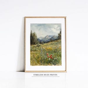 Wildflower Meadow Watercolor Painting, Mountain Landscape Art, Alpine Mountains Wall Decor, Nature Wall Art, Digital Download PRINTABLE ART