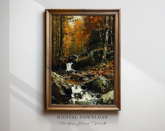 Autumn Creek Landscape Painting | Vintage Fall Forest (Printable Art)