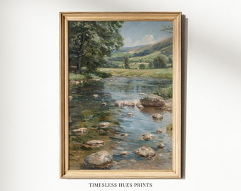 Rippling River Rocks Landscape Painting  | Vertical Landscape Painting | Nature Landscape Art | PRINTABLE Digital Download | Art 1-205