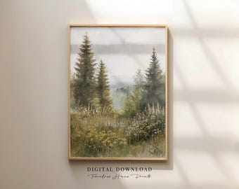 コテージコアの草原アート | 森の野花プリント | 夢のような自然画 | 柔らかな風景画 | 田園風装飾 | 印刷可能な壁アート