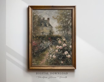 Vintage Rose Garden Painting, English Cottage Art (Printable Digital Download)