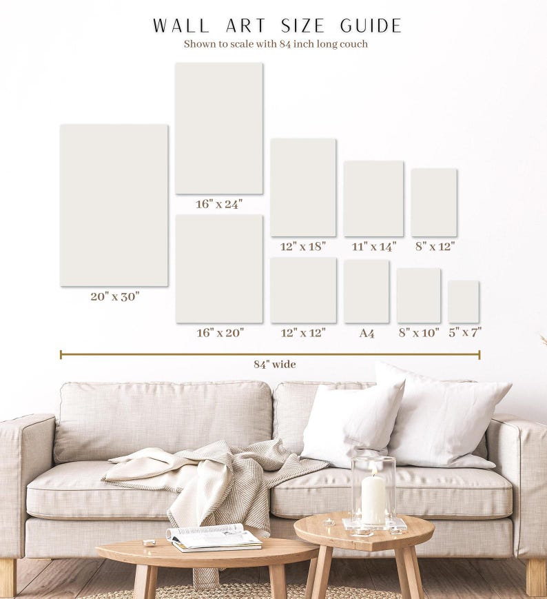 May include: Wall art size guide showing various rectangular canvas sizes, including 20" x 30", 16" x 24", and 12" x 18", displayed above a beige couch that is 84 inches wide. The guide is shown to scale.