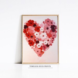 Valentine&#39;s Day Floral Heart Painting, Pink & Red Heart Flower Art, Valentine&#39;s Day Printable Art, Printable Valentine&#39;s Wall Art