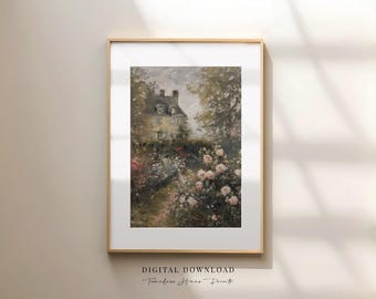 Vintage Cottage Garden Painting, Rose Garden Art, Farmhouse Decor, Country Cottage Decor, Floral Art English Art, PRINTABLE Digital Download