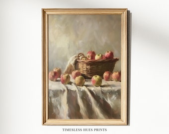 Apple Basket Still Life Painting, Farmhouse Kitchen Print (Digital Download)