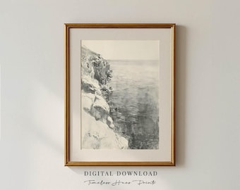 Vintage Coastal Landscape Charcoal Sketch Art, Beach Sketch, Beach Art, Pencil Sketch, Black and White Drawing, PRINTABLE Digital Download