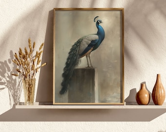 Vintage Peacock Art Print, Elegant Bird Painting (Digital Download)