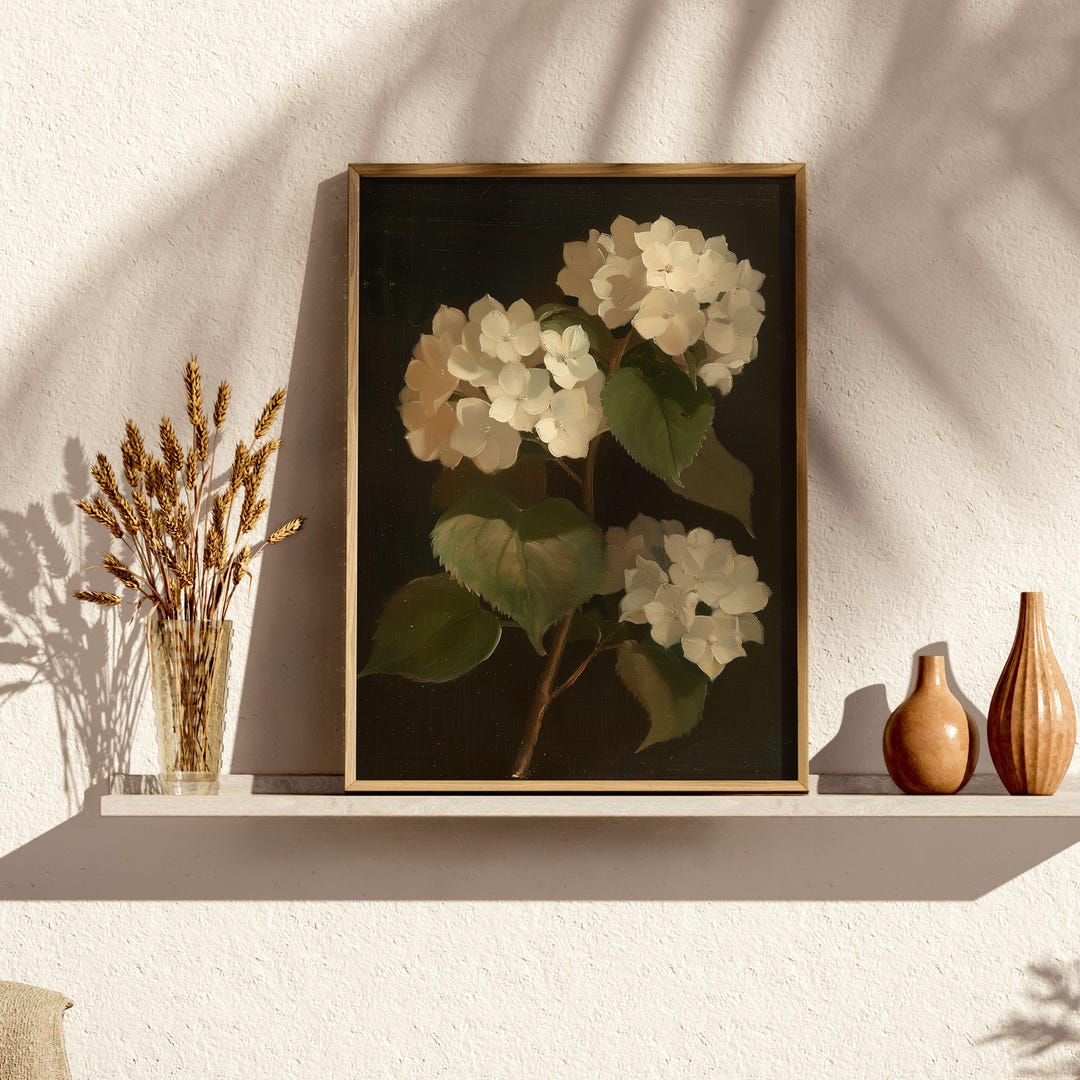 Vintage Hydrangea Oil Painting, Dark Academia Floral Art (digital ...