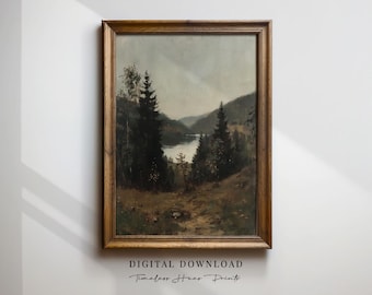 Pintura al óleo de paisaje de lago vintage / Arte tonalista melancólico (Descarga digital)