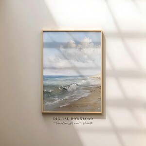 Pintura al óleo de paisaje marino al aire libre, arte de paisaje de olas costeras, decoración de estudio/galería, pintura de horizonte costero (descarga digital).