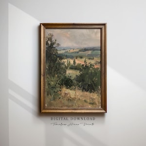 May include: A framed landscape painting with a rustic wooden frame. The artwork depicts a rural scene with rolling hills, trees, and fields in shades of green, brown, and beige. The text "DIGITAL DOWNLOAD" and "Timeless Home Prints" is visible.