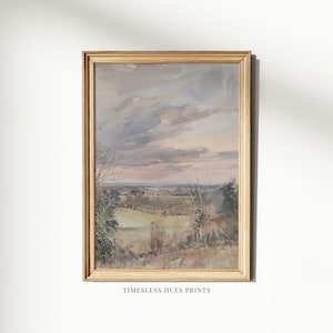 Vintage English Countryside Landscape Oil Painting, Rustic, Rural Art, Neutral Tones, Farmland Painting, PRINTABLE Digital Download