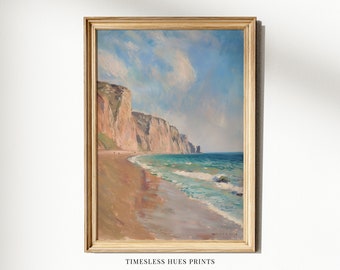 impression vintage de paysage côtier, peinture de falaises de plage (téléchargement numérique)