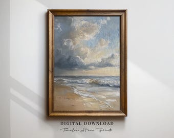 Puede incluir: Pintura al óleo enmarcada de una escena de playa. La obra representa un cielo nublado sobre el océano, con olas rompiendo en la orilla arenosa. El marco es de madera. El texto "DESCARGA DIGITAL" y "Timeless Home Prints" está en la parte inferior.