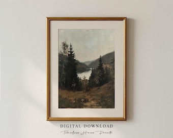 Pintura de paisaje de Moody Lake / Arte tonalista vintage (Arte imprimible)