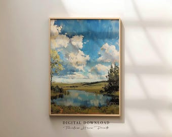 Moody Cloudscape, Dark Green Scenery, Earthy Tone Decor, Deep Blue Sky Artwork, Stormy Horizon, Cabin Interior, (Digital Download)