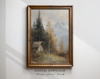 Rustic Cabin Mountain Landscape Painting, Nature Art (Printable Download)
