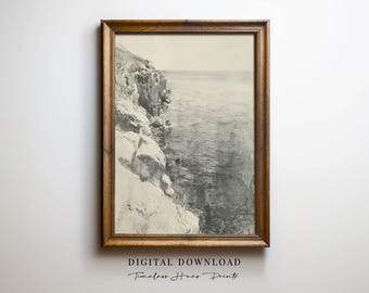 Vintage Coastal Landscape Charcoal Sketch Art, Beach Sketch, Beach Art, Pencil Sketch, Black and White Drawing, PRINTABLE Digital Download