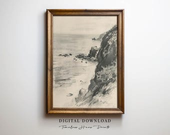 Vintage Coastal Landscape Charcoal Sketch Art, Beach Sketch, Beach Art, Pencil Sketch, Black and White Drawing, PRINTABLE Digital Download