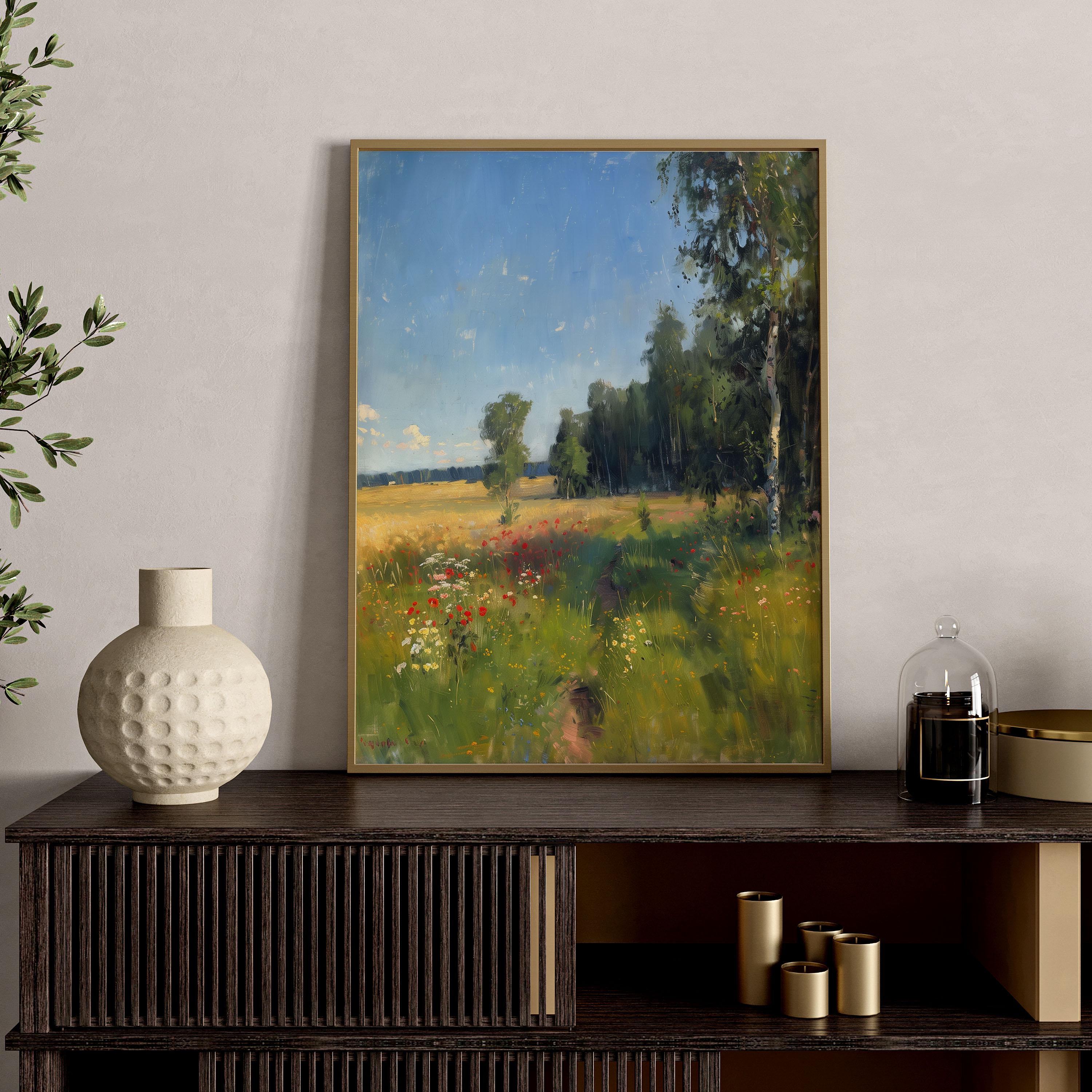 白樺の木の風景画、夏の田園風景の油絵（デジタルダウンロード