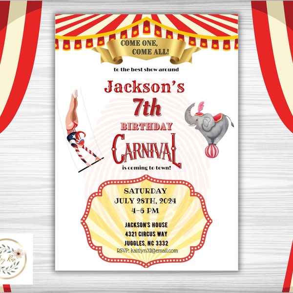 Faire-part d'anniversaire personnalisé carnaval de cirque - Faire-part d'anniversaire enfant personnalisé imprimable Carnaval