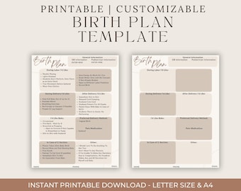May include: Printable birth plan template with sections for general information, during labor, during delivery, after delivery, and preferred delivery method. The template has a light brown background with a white border.