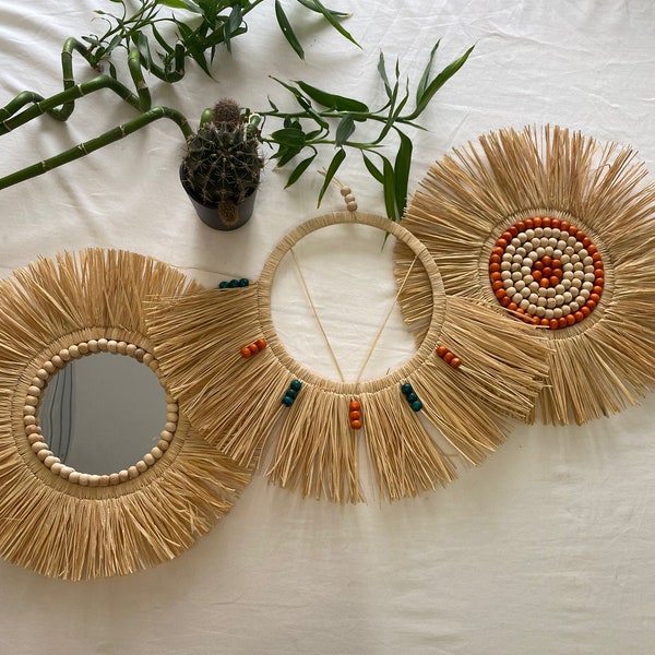 raffia wall decoration mirror set of 3 orange fans orange blue and beige sweat like beaded model