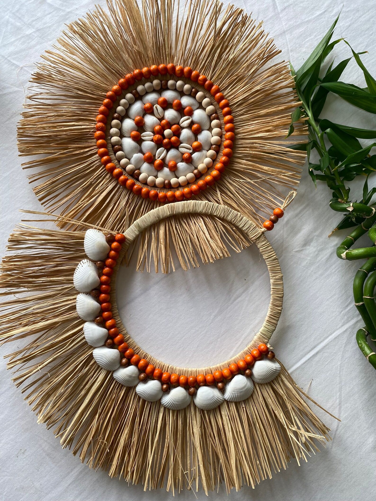 Raffia Wall Decor Set of 2 Sets With Orange Round Beads and Sea Beads