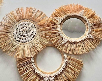 Handmade Raffia Wall Decor Set: Boho Seashell Mirror, Natural Fiber Art