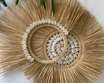 Handmade Raffia Wall Hanging Set: Boho Seashell Decor (19.7 inches)