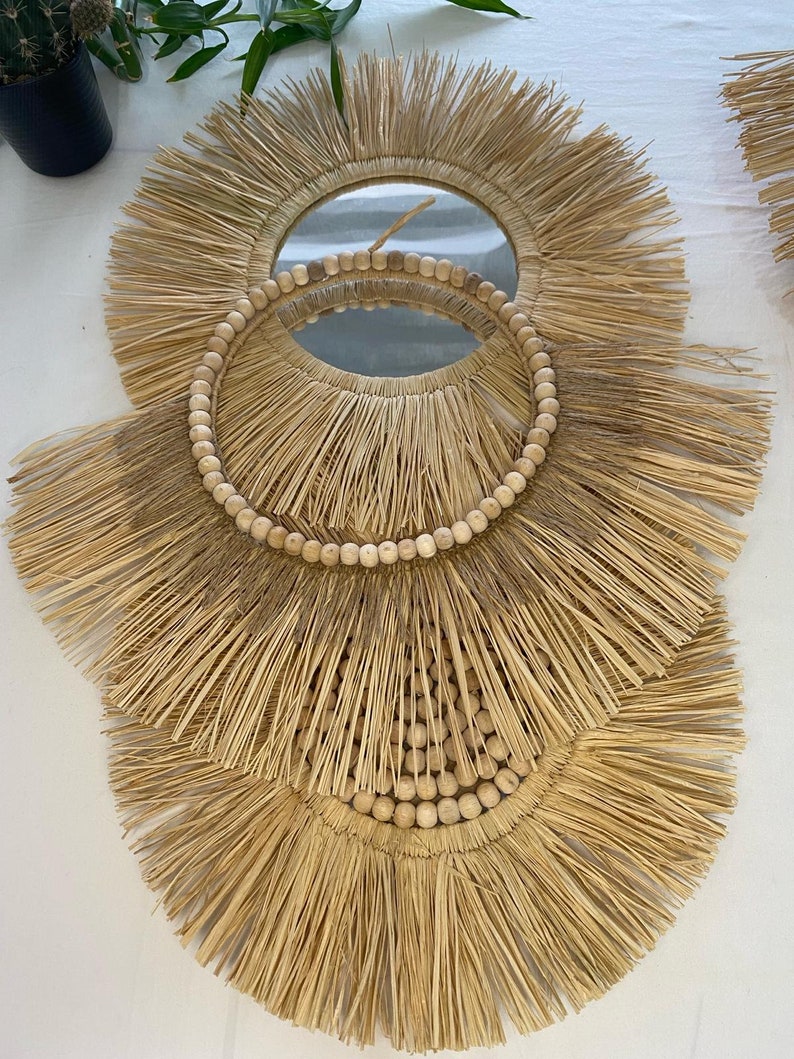 Raffia Wall Decor Raffia Mirror Decor Raffia Bead Decor Natural Raffia
