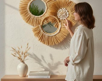 Handmade Raffia Mirror Wall Hanging Set: Boho Seashell Decor