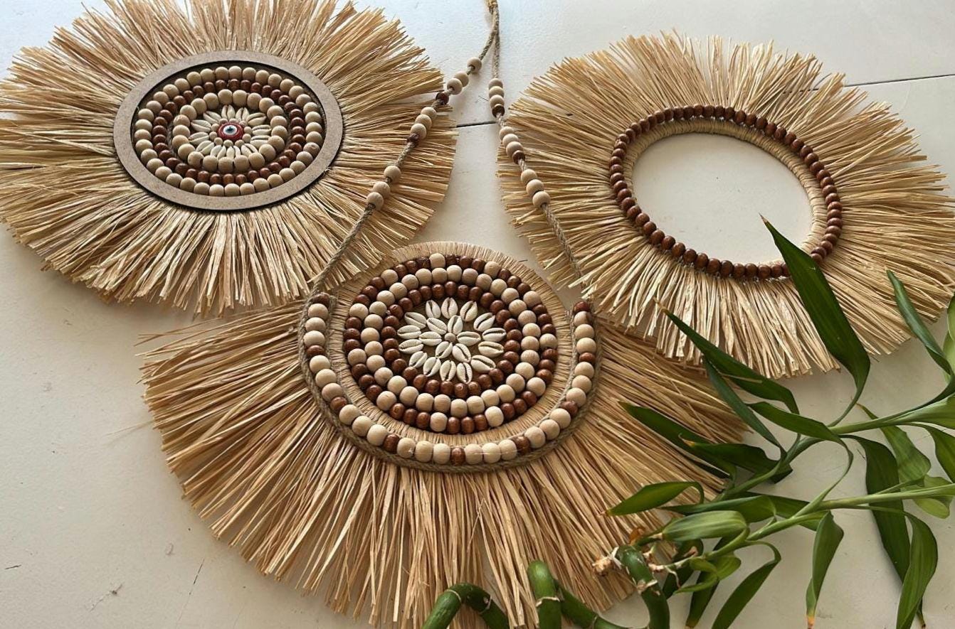 Handmade Raffia Wall Decor Set: Boho Mirror & Beaded Accents