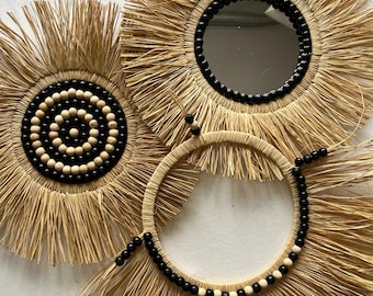 Raffia Wall Decor Mirror Black and Beige Beads 3 Piece Handmade wall Decoration