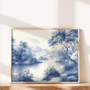 French Shack Toile Fancy Wall Art Light Blue Vintage Floral Print Indigo Posters Digital Download Chinoiserie Wall Decor Aesthetic Art Print