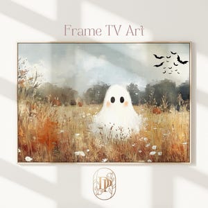 ハロウィンフレームTVアートヴィンテージワイルドフラワーフィールドハロウィンゴーストTVアートかわいいハロウィンゴーストペインティング秋の装飾ヴィンテージ風景アートTV132