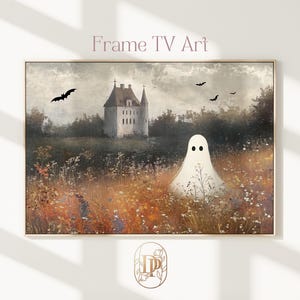 ハロウィンフレームTVアートヴィンテージワイルドフラワーフィールドハロウィンゴーストTVアートかわいいハロウィンゴーストペインティング秋の装飾ヴィンテージ風景アートTV132