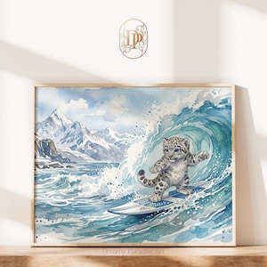 May include: A watercolor print featuring a snow leopard cub surfing on a blue wave. The background displays snow-capped mountains and a turbulent ocean. The logo DP is centered above the print, and the text Dreamy Paradise Art is at the bottom.
