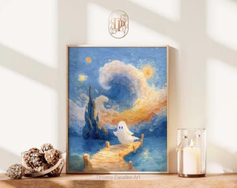 Halloween Spooky Season Grandmillenial Summerween Cute Ghost Beach Wall Art Cute Ghost Ocean Art Whimsical Ghost Art Coastal Ghost Print
