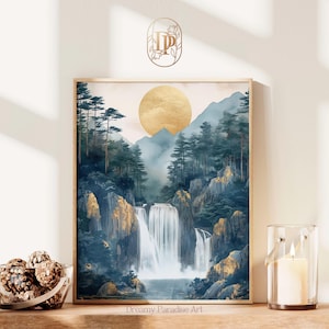 Watercolor Sage Green Gold Japandi Waterfall Calming Wall Art Kintsugi Print Living Room Decor Painting Japanese Forest Mountains Wall Art