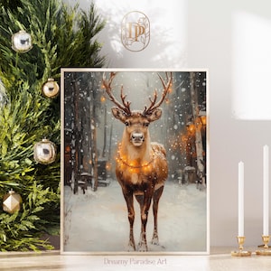 Vintage Christmas Reindeer Wall Art Print Forest Snowfall Winter Printable Christmas Home Decor Holiday Moody Artful Winter Wall Art Prints