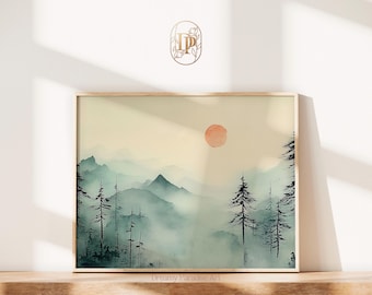 Watercolor Sage Green Japandi Calming Wall Art Print Art Living Room Decor Painting Minimalist Wall Art Forest Mountains Landscape Prints