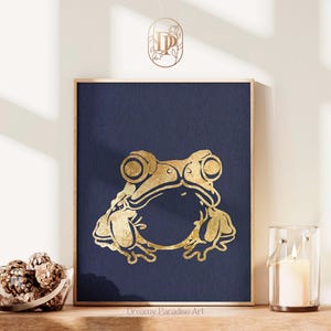 Aesthetic Frogs Navy Blue Gold Ukiyo-e Japanese Wall Art Painting Print Living Room Decor Japandi Minimalist Wabi Sabi Sage Green Wall Art