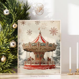 May include: A vintage-style carousel with red and white striped canopy, surrounded by snow and snowflakes. The carousel is set against a light brown background with a white border.