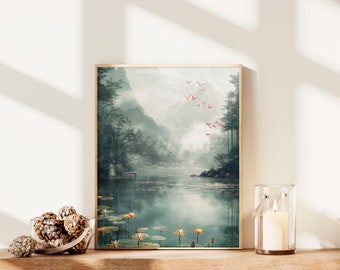 May include: A framed print depicting a misty mountain landscape with a lake in the foreground. The lake is surrounded by trees and there are red birds flying in the sky.