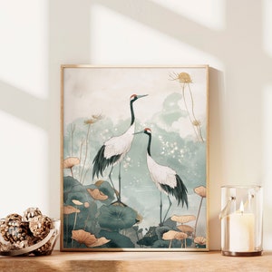 Aesthetic Cranes Sage Green Japanese Wall Art Painting Print Birds Print Living Room Decor Japandi Minimalist Wabi Sabi Bestselling Wall Art