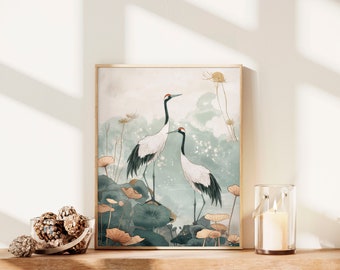 Aesthetic Cranes Sage Green Japanese Wall Art Painting Print Birds Print Living Room Decor Japandi Minimalist Wabi Sabi Bestselling Wall Art