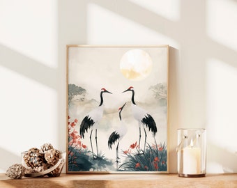 Aesthetic Cranes Sage Green Japanese Wall Art Painting Print Living Room Decor Japandi Minimalist Wabi Sabi Bestselling Birds Wall Art