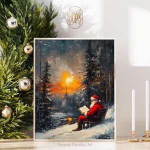Vintage Santa Claus Reading Book Wall Art Print Classic Oil Painting Printable Xmas Home Decor Holiday Moody Artful Winter Wall Art Prints